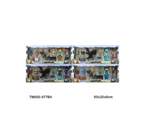 Minecraft, 7.5-дюймовый дракон или 4.5-дюймовый разоритель + 4 фигурки по 3 дюйма + 1 фигурка 5 дюймов + транспорт + аксессуары, подсветка, батарейки в комплекте, TM050-577B4